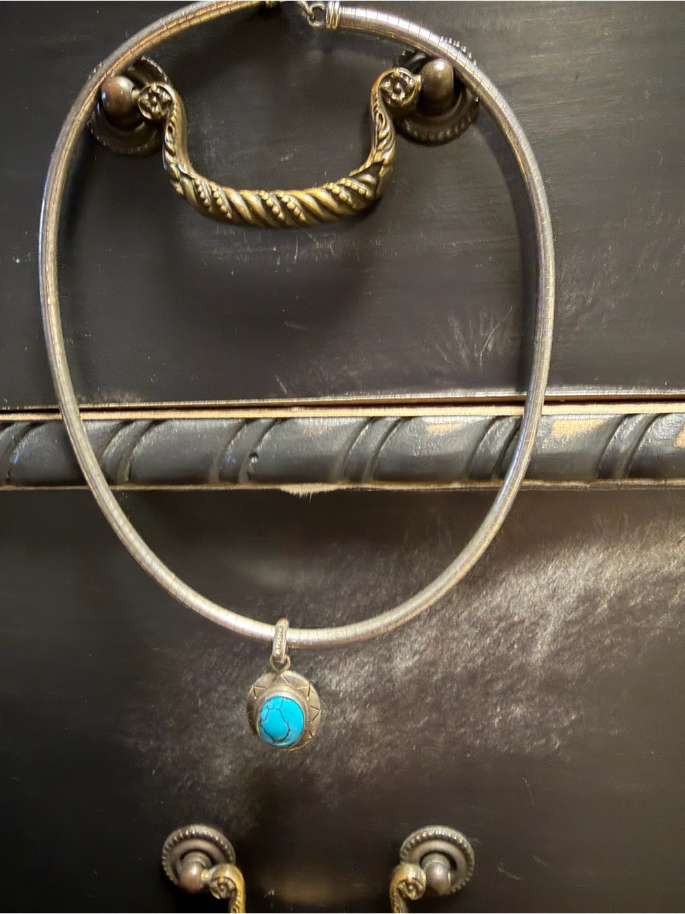 Silver Necklace with Turquoise Oval Pendant - Blue Native American
